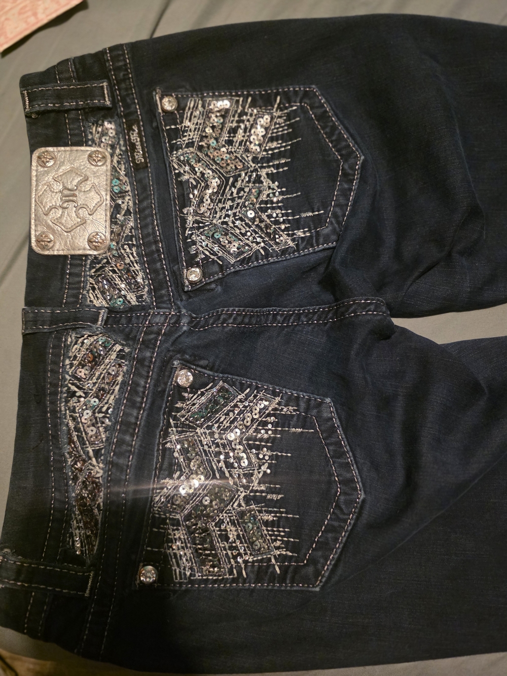 Miss Me Dark Blue Embellished Rhinestone Pocket Jeans